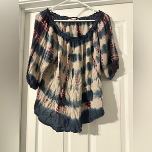 hippie laundry Cream Tie-Dye Off-Shoulder Peasant Top with Navy & Maroon Accents
